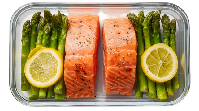Fresh salmon fillets with asparagus and lemon slices prepared in a glass container for healthy meal prepping and balanced diet planning