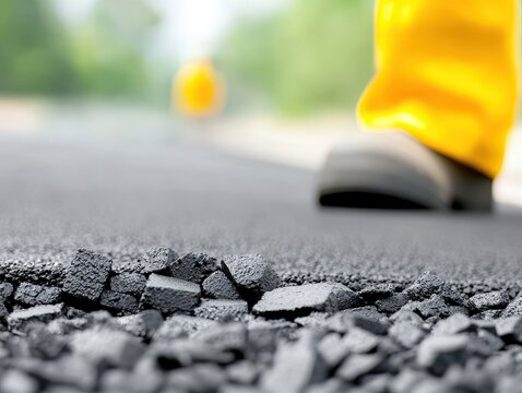A close-up view of freshly laid asphalt with a construction worker in yellow pants walking by, highlighting road construction and maintenance work.
