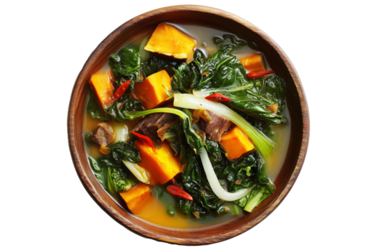 Papua New Guinea Taro and Sweet Potato Stew, thick stew of root vegetables and leafy greens, isolated on white transparent background. Concept of healthy natural food