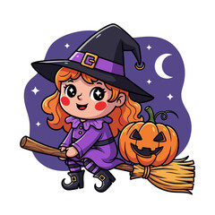 Cute little Halloween witch with broom and pumpkin cartoon vector illustration, adorable spooky character design for kids, holiday party decoration, magical autumn season artwork