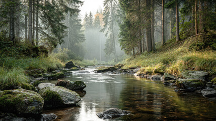 Obraz premium atmospheric landscape of tranquil, shallow stream winding through a dense pine and spruce forest. Soft morning mist and sunlight create an ethereal, peaceful mood over mossy rocks and reflective water