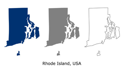 Rhode Island map set. Rhode Island USA map vector. Rhode Island map on navy, gray, and outline © Fityan