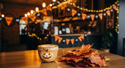 Festive Halloween Coffee Break with Autumn Leaves and Decorations