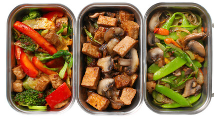 Three stainless steel containers showcase delicious vegan stirfries with tofu mushrooms and colorful vegetables for healthy meal preparation