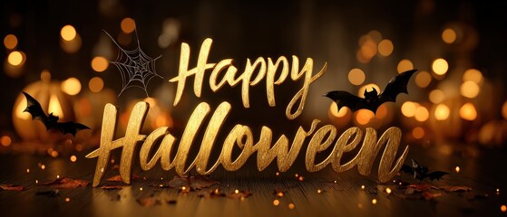Naklejka premium Bright Halloween celebration with glowing text, spooky decorations, pumpkins, bats, cobwebs, fireworks, festive atmosphere, night scene