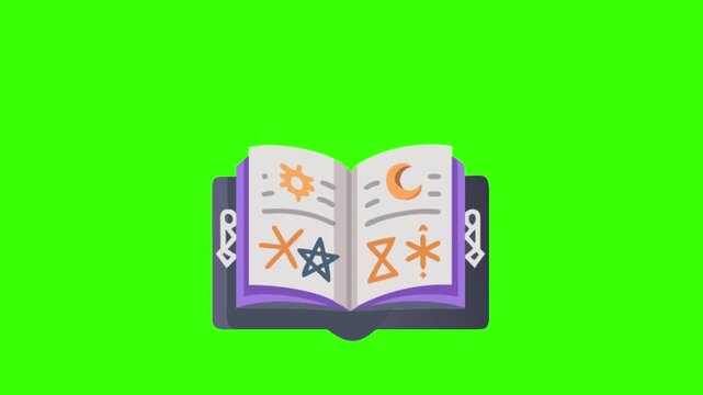 a flat-style Halloween icon of an open magic spell book with glowing runes, no background