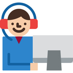 Friendly Person Wearing Red Headphones and Blue Shirt Sitting at a Computer Desk with a Grey Monitor Smiling and Looking Forward in a Studio Setting with a Transparent Background