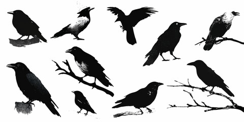Collection of diverse crow and raven silhouettes perched and in flight on white background silhouette