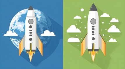 Obraz premium Rocket launching from earth to space graphic illustration bright colors dynamic view