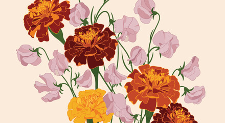 A delightful arrangement of marigolds and sweet peas in warm autumnal hues.