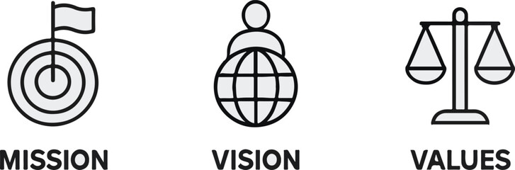 Defining core values of mission vision and principles with transparent icons