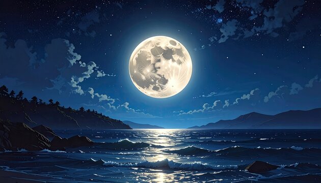 Serene Moonlit Coastal Pixel Art Landscape with Ocean Reflections Trees and Distant Mountains under Starry Sky in Deep Blue Tones Ideal for Desktop Background - Powered by Adobe