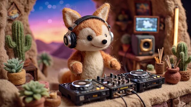 Animated fox dj in a desert setting with music equipment and cactus plants