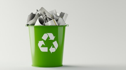 Green recycling bin filled with paper waste located in a bright room encouraging eco-friendly habits