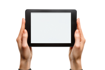 Hands holding a black tablet with a blank white screen