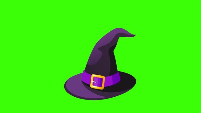 a flat-style Halloween icon of a black witch hat with a purple band and golden buckle, no background.