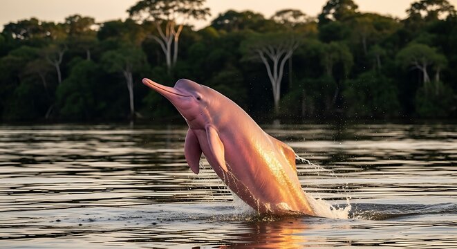 Pink River Dolphin Leaping from Amazon River at Sunset.