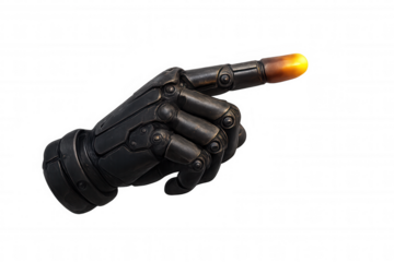 Robotic hand pointing with glowing finger, symbolizing future technology, artificial intelligence, and innovation