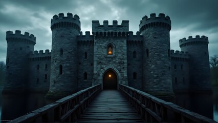 Mysterious Medieval Castle Bathed in Eerie Twilight Glow
