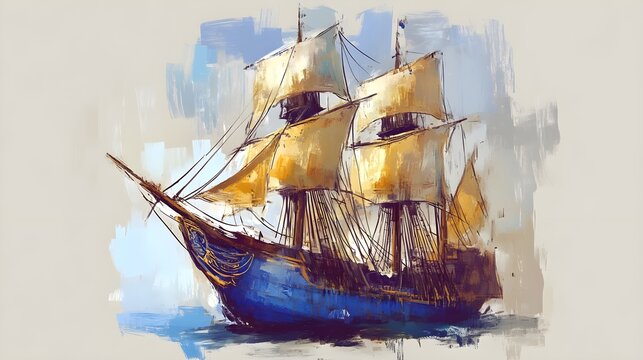 Sailing adventure ocean illustration nautical environment side view historical concept