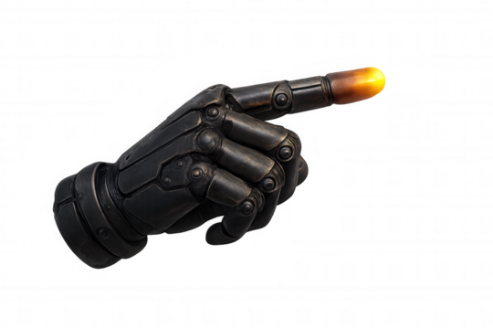 Robotic hand pointing with glowing finger, symbolizing future technology, artificial intelligence, and innovation