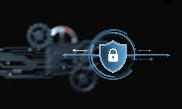 Cybersecurity shield lock protection technology abstract digital safety system data network design