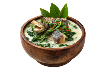 Coconut Fish soup stewed in coconut milk with local greens in wooden bowl isolated on white transparent background, traditional Papua New Guinea cuisine