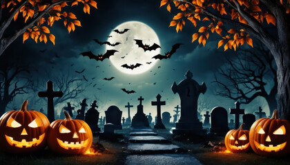 Fototapeta premium Haunting graveyard scene featuring glowing jack o lanterns, eerie bats flying, and full moon illuminating tombstones. Perfect for Halloween ambiance and spooky decorations