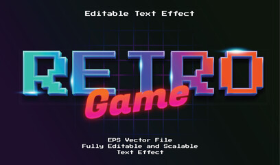 Retro arcade game text effect with neon gradient and 80s synthwave style. Editable EPS vector for video game titles, posters, and digital design.