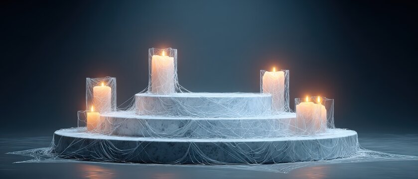Elegant multi-tiered white marble stage with flicke candles creating a serene and mystical ambiance for special events and ceremonies