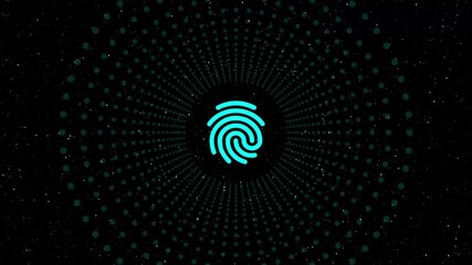 A cyan fingerprint icon in the center of a dark background with yellow dots on either side, creating a tunnel effect, symbolizing security and identity - Powered by Adobe