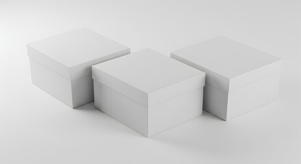 Fototapeta premium Three blank white rectangular boxes with lids, isolated on a light background, perfect for product packaging mockup designs.