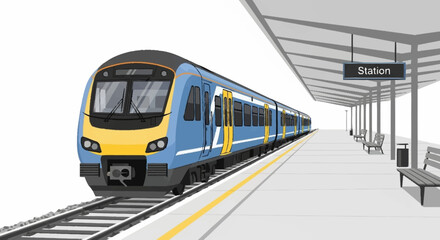 Fototapeta premium Modern train arriving at a clean station platform with seating, ready for passengers to embark on their journey by rail travel for business or leisure