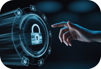 Cybersecurity digital protection with padlock and hand for data privacy and network safety tech