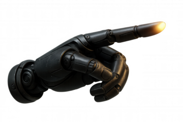 Robotic hand pointing or touching virtual screen, artificial intelligence, future technology, glowing finger, transparent background