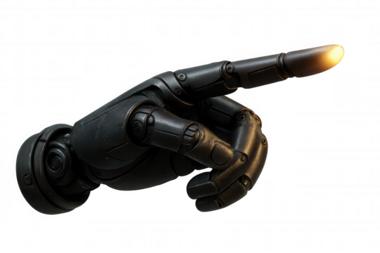 Robotic hand pointing or touching virtual screen, artificial intelligence, future technology, glowing finger, transparent background - Powered by Adobe