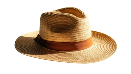 Beige straw fedora with brown band, shadowed on black
