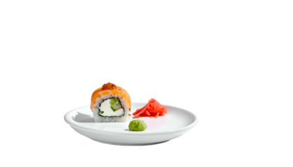 Salmon-topped sushi roll with ginger and wasabi on white plate