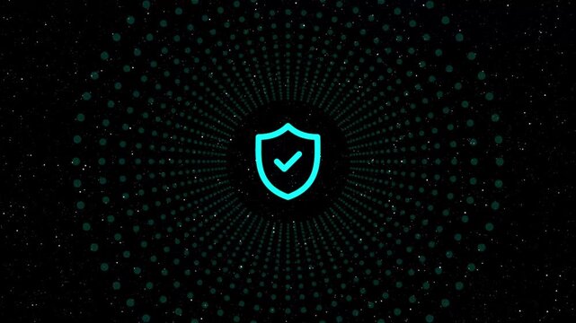 Animated cyber security shield with check mark icon on black background with glowing dots concept of data protection, antivirus, firewall and secure connection