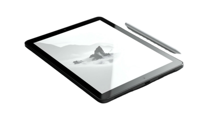 Tablet with pen, screen displaying grayscale mountain landscape