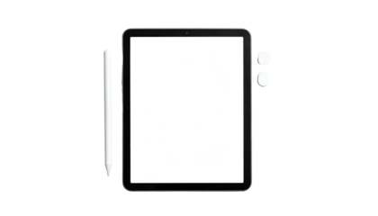 Tablet with blank screen, stylus pen, and headphones on black
