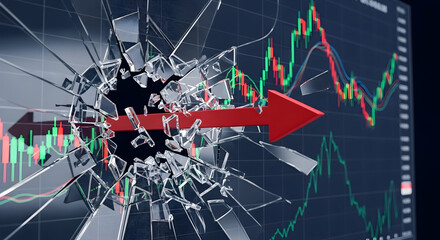 Dynamic Financial Market Visualization With Breaking Glass Effect And Bold Arrow Indicating Market Trends And Price Movements Overview