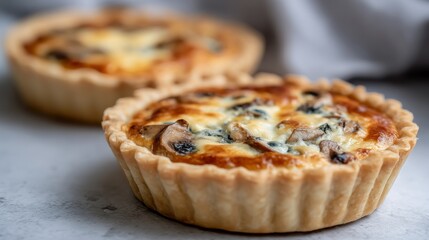 Freshly baked mini quiches filled with savory mushrooms and nutritious spinach sit invitingly on a textured surface, ideal for a cozy brunch or snack. Their golden crusts showcase a delightful meal