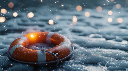 Bright orange lifebuoy rests on a snowy surface illuminated by twinkling lights during a winter evening