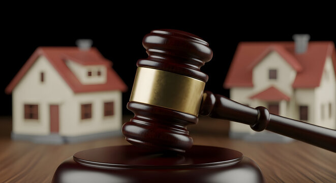 Symbolic Representation Of Law And Real Estate In The Context Of Property Ownership Auction Featuring A Gavel And Idyllic Houses