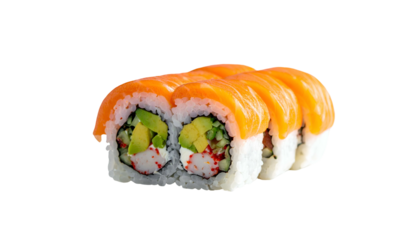 Salmon-topped sushi rolls with rice, avocado, and other fillings