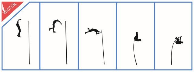 Pole vault silhouette illustration. Black and white background. Sports vector.