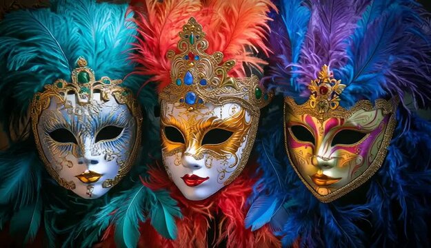 Three ornate Venetian carnival masks with colorful feathers, elaborate masquerade masks with intricate painted designs
 - Powered by Adobe
