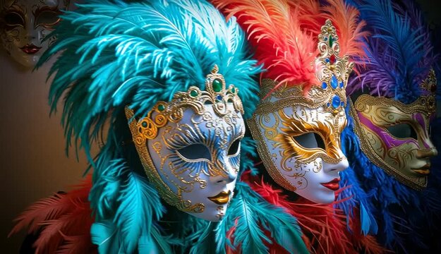 Three ornate Venetian carnival masks with colorful feathers, elaborate masquerade masks with intricate painted designs

