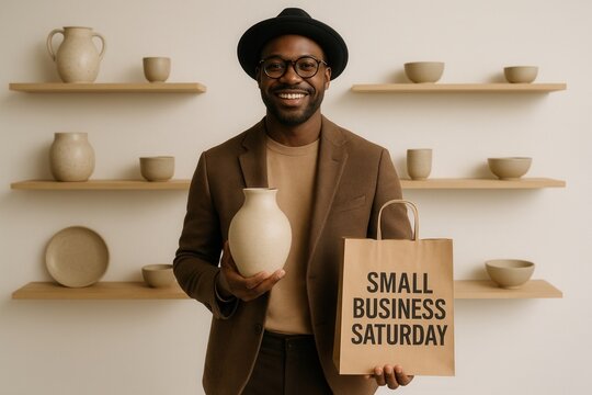 A smiling Black man holds a vase and a shopping bag promoting Small Business Saturday. Portrait of a happy customer or owner in a modern pottery shop. Supporting local business concept.